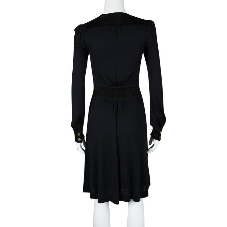 Pre Owned Gucci Navy Blue Suede Trim Tassel Detail Belted Long Sleeve Dress XS