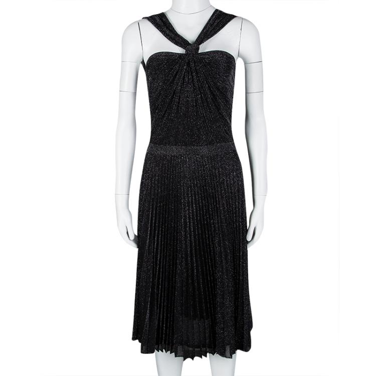 Pre Owned Gucci Black Lurex Knit Front Twist Detail Pleated Dress L