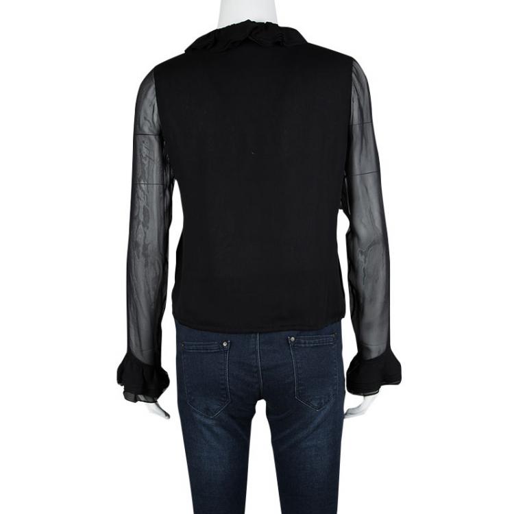 Pre Owned Gucci Black Silk Ruffle Detail Long Sleeve Sheer Blouse S