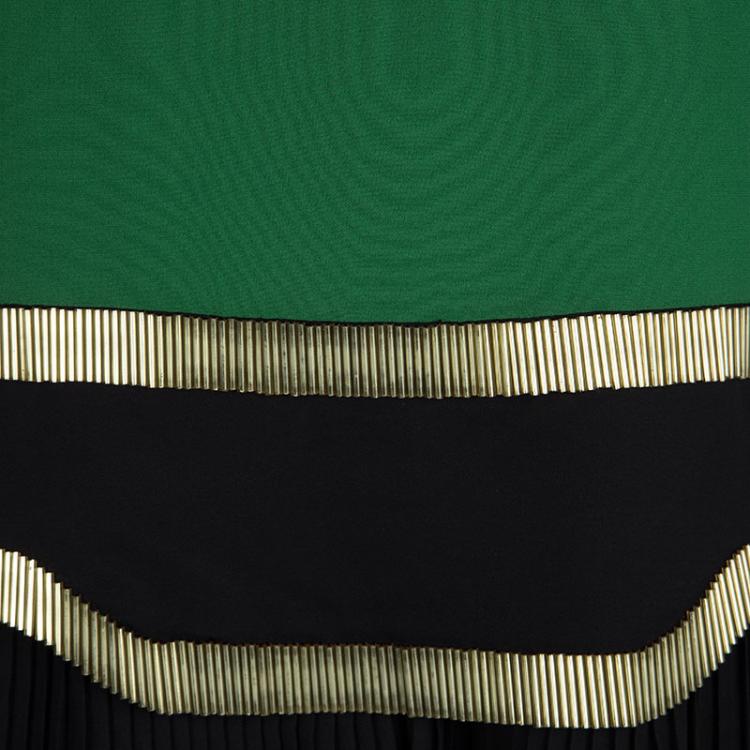 Pre Owned Gucci Green and Black Plisse Silk Detail Embellished Strapless Dress M