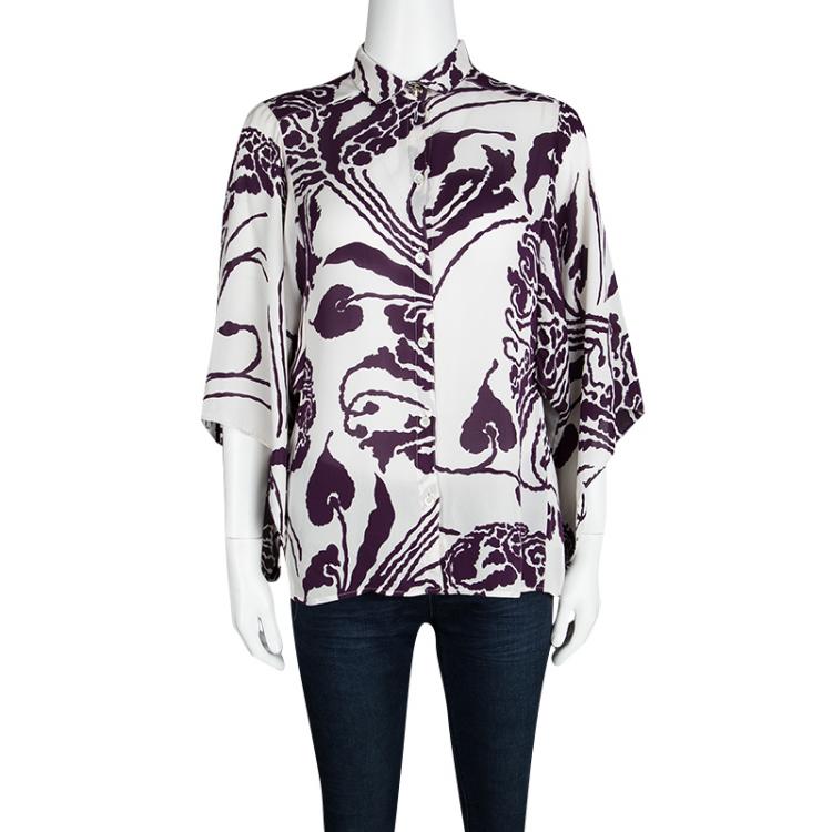Pre Owned Gucci Purple and White Printed Silk Button Front Blouse S