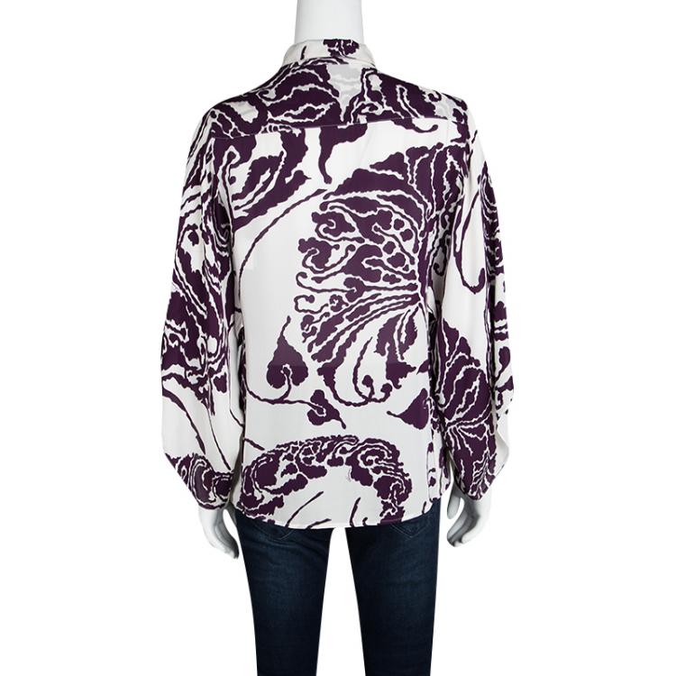 Pre Owned Gucci Purple and White Printed Silk Button Front Blouse S