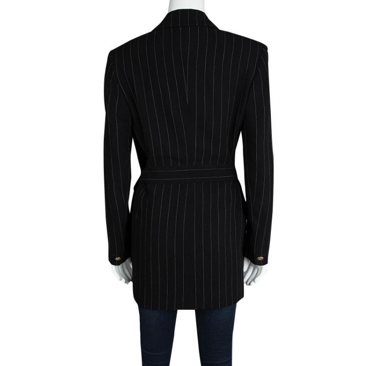 Pre Owned Gucci Black Wool Pinstriped Belted Long Blazer S