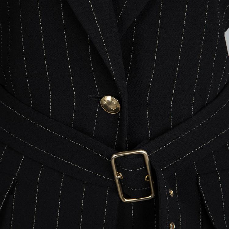 Pre Owned Gucci Black Wool Pinstriped Belted Long Blazer S