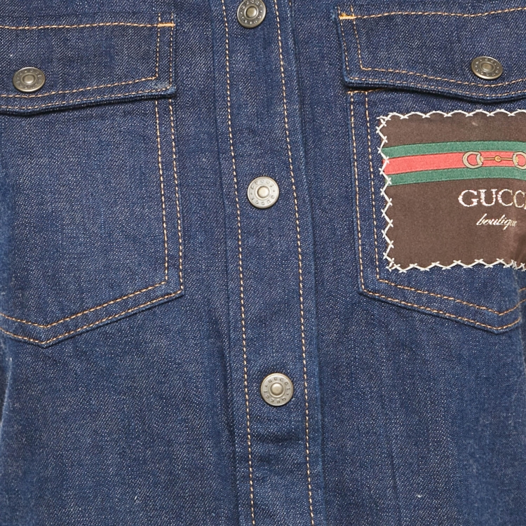 Pre Owned Gucci Blue Vintage Logo Patch Work Denim Shirt S