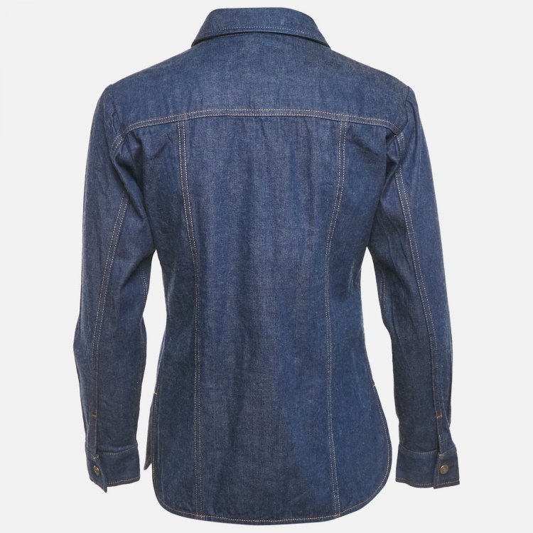 Pre Owned Gucci Blue Vintage Logo Patch Work Denim Shirt S