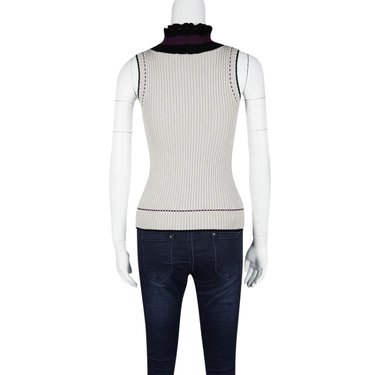 Pre Owned Gucci Beige Contrast Trim Detail Cable Knit Sleeveless Sweater S