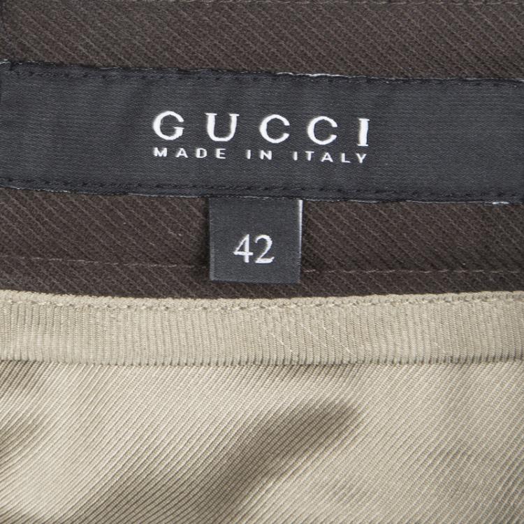 Pre Owned Gucci Brown Cotton Contrast Trim Buckle Detail Tapered Trousers M