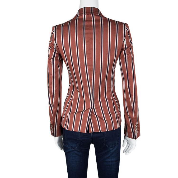 Pre Owned Gucci Rust Orange and Navy Blue Regimental Striped Cotton Palma Blazer S