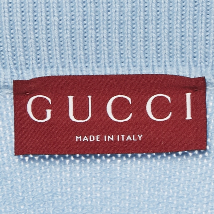 Pre Owned Gucci Light Blue Logo Embroidered Wool Polo Top L