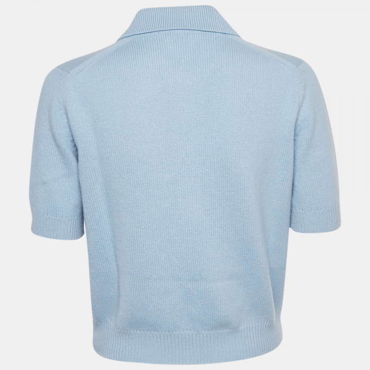 Pre Owned Gucci Light Blue Logo Embroidered Wool Polo Top L