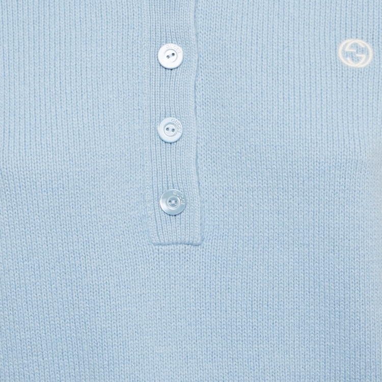 Pre Owned Gucci Light Blue Logo Embroidered Wool Polo Top L