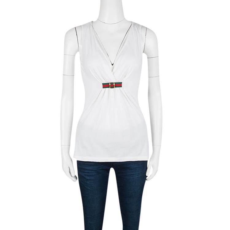 Pre Owned Gucci White Web Buckle Detail Sleeveless Top L