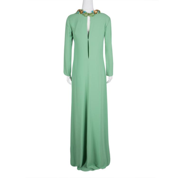 Pre Owned Gucci Mint Green Neck Embellished Long Sleeve Silk Maxi Dress M