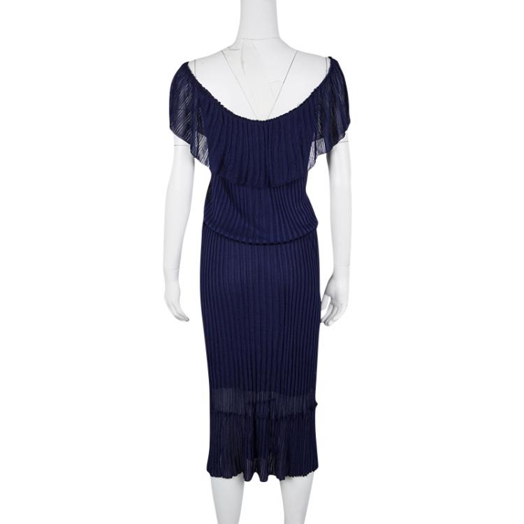 Pre Owned Gucci Navy Blue Perforated Rib Knit Ruffle Detail Belted Maxi Dress M