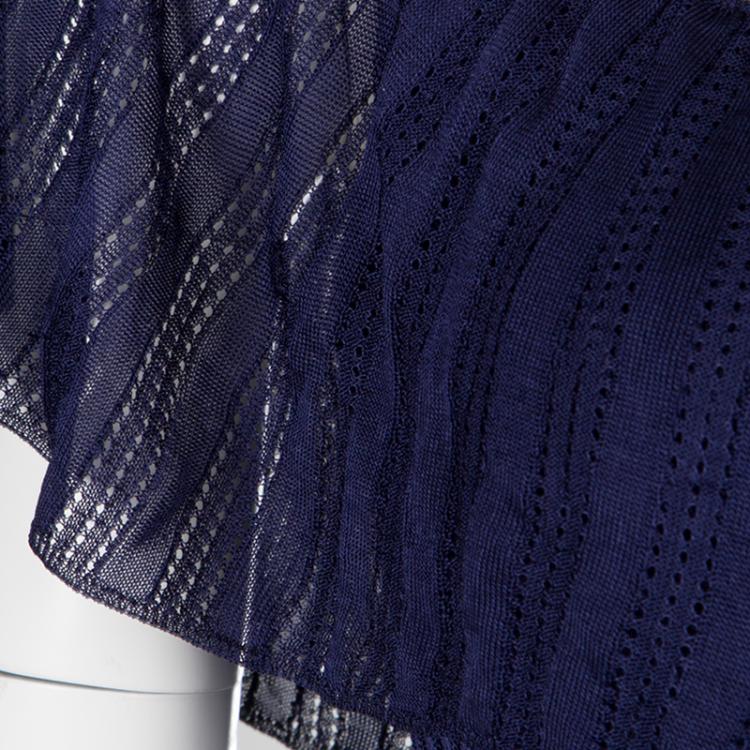 Pre Owned Gucci Navy Blue Perforated Rib Knit Ruffle Detail Belted Maxi Dress M