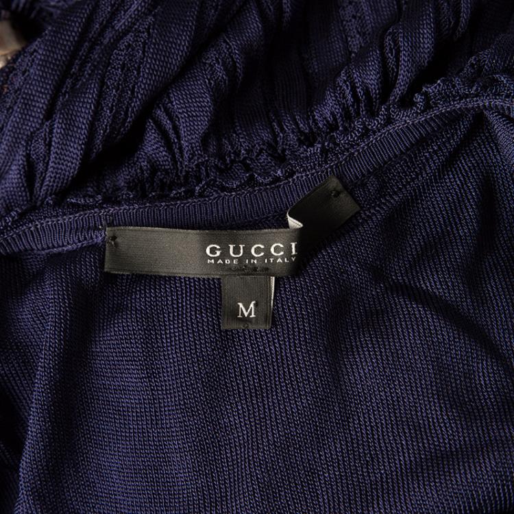 Pre Owned Gucci Navy Blue Perforated Rib Knit Ruffle Detail Belted Maxi Dress M