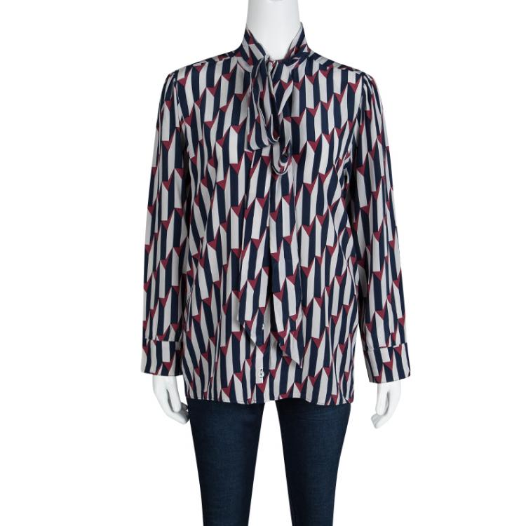Pre Owned Gucci Printed Silk Neck Tie Detail Long Sleeve Blouse M
