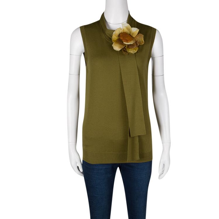 Pre Owned Gucci Olive Green Floral Brooch Tie Detail Sleeveless Wool Top L