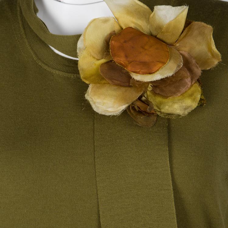 Pre Owned Gucci Olive Green Floral Brooch Tie Detail Sleeveless Wool Top L
