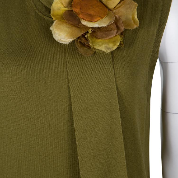 Pre Owned Gucci Olive Green Floral Brooch Tie Detail Sleeveless Wool Top L