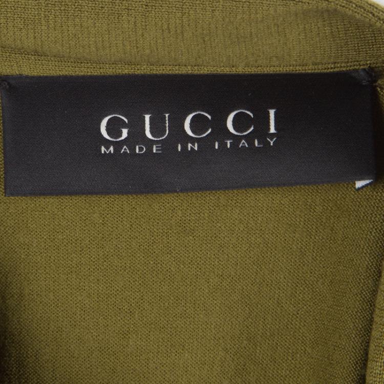Pre Owned Gucci Olive Green Floral Brooch Tie Detail Sleeveless Wool Top L
