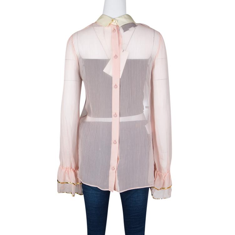 Pre Owned Gucci Pink Silk Sequined Trim Ruffle Detail Long Sleeve Blouse M