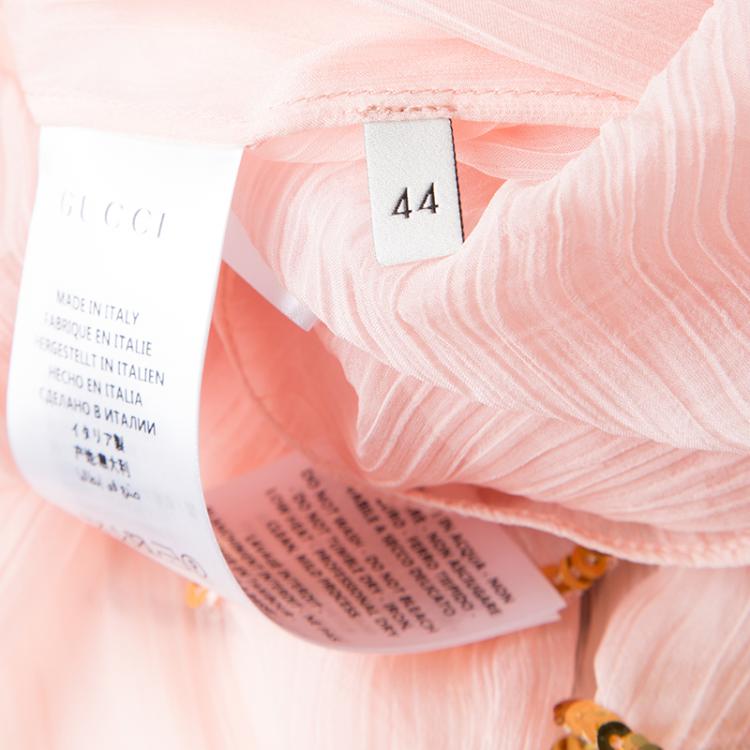 Pre Owned Gucci Pink Silk Sequined Trim Ruffle Detail Long Sleeve Blouse M