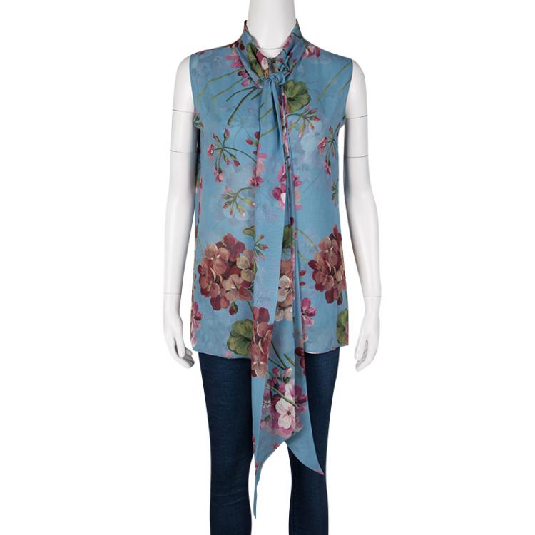 Pre Owned Gucci Blue Floral Printed Silk Tie Detail Sleeveless Top M