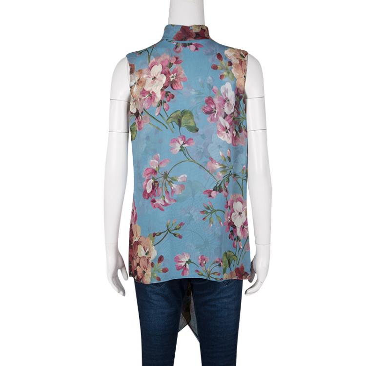 Pre Owned Gucci Blue Floral Printed Silk Tie Detail Sleeveless Top M