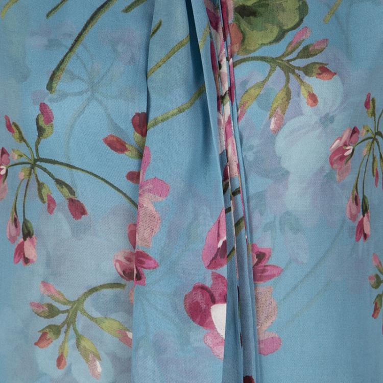 Pre Owned Gucci Blue Floral Printed Silk Tie Detail Sleeveless Top M