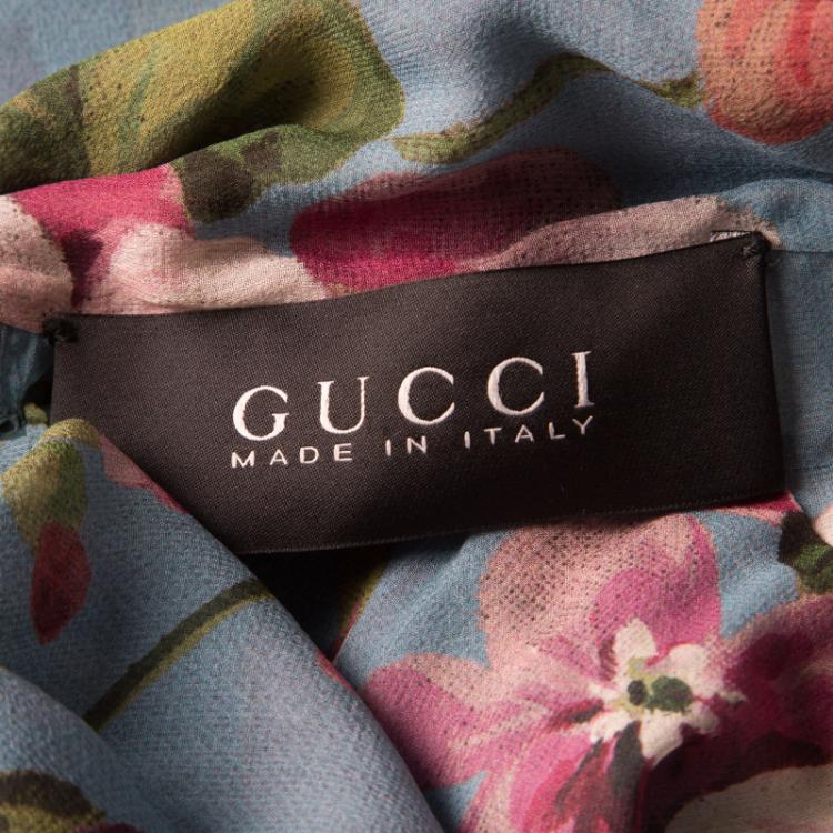 Pre Owned Gucci Blue Floral Printed Silk Tie Detail Sleeveless Top M