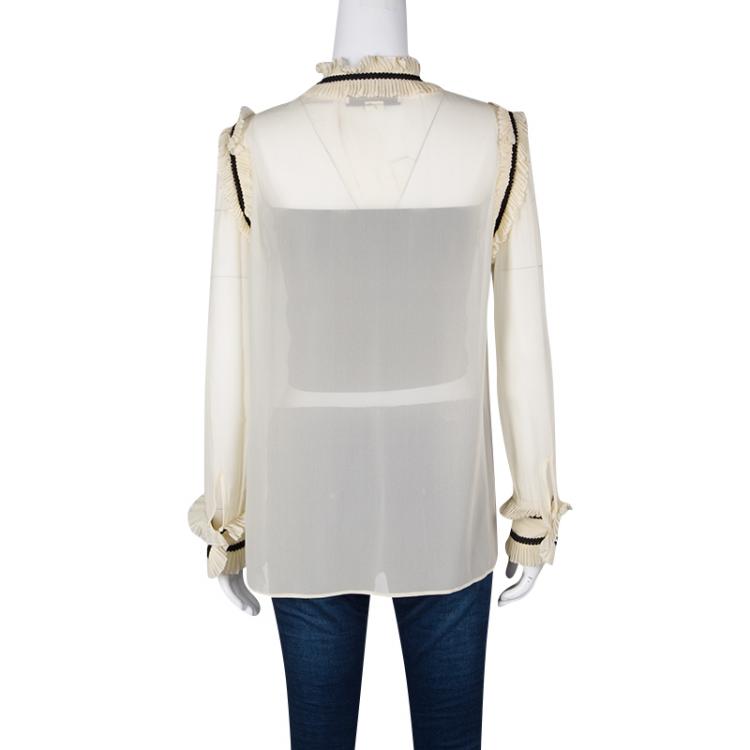 Pre Owned Gucci Cream Contrast Trim Ruffle Detail Long Sleeve Blouse M