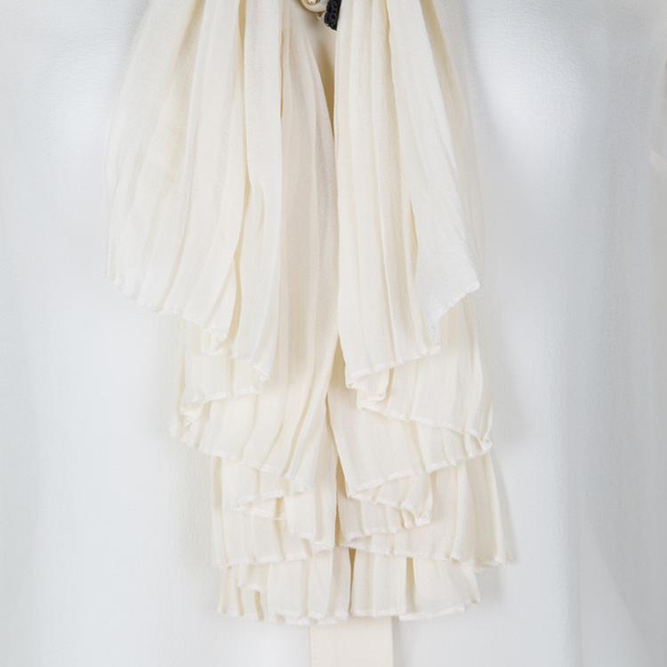 Pre Owned Gucci Cream Contrast Trim Ruffle Detail Long Sleeve Blouse M