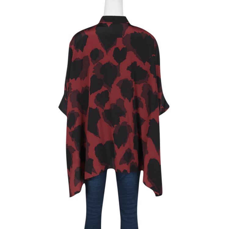 Pre Owned Gucci Maroon and Black Abstract Heart Printed Silk Asymmetric Tunic M