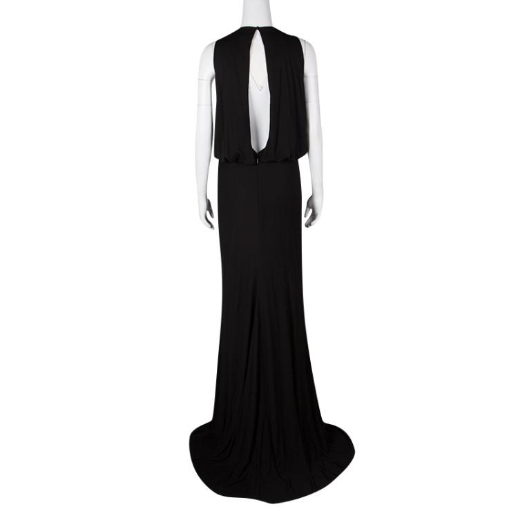 Pre Owned Gucci Black Embellished Neck Draped Sleeveless Gown M