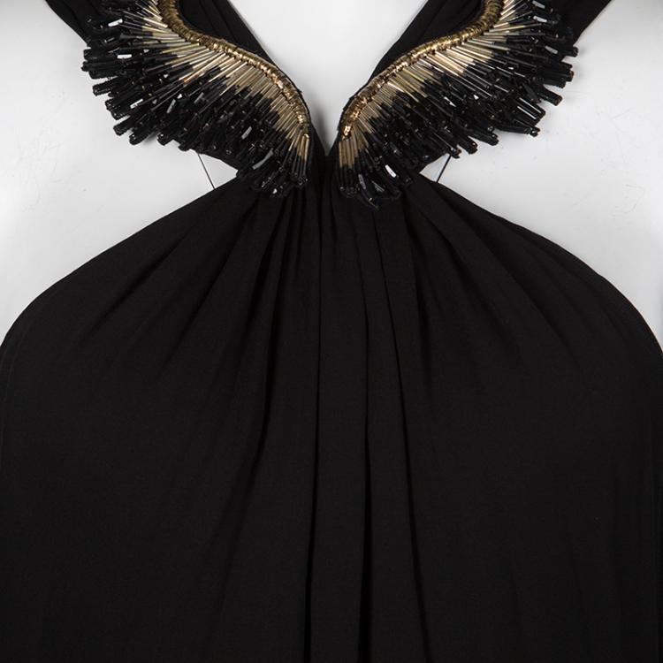 Pre Owned Gucci Black Embellished Neck Draped Sleeveless Gown M