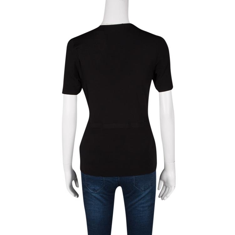 Pre Owned Gucci Black Knit Metal Logo Detail Short Sleeve Top L