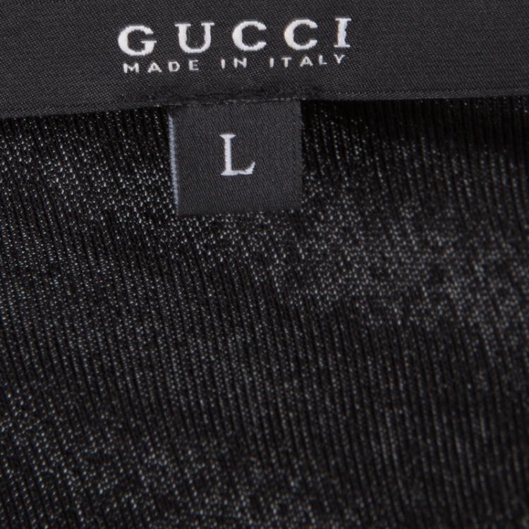 Pre Owned Gucci Black Knit Metal Logo Detail Short Sleeve Top L