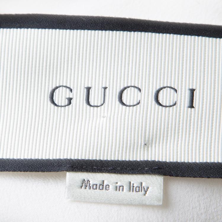 Pre Owned Gucci Off White Silk Pearl Logo Button Front Bow Tie Detail Blouse M