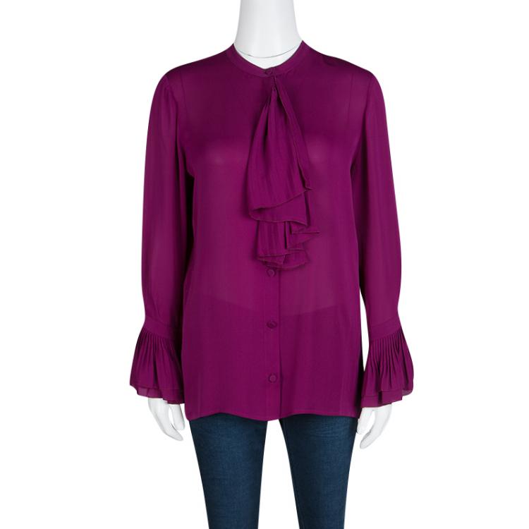 Pre Owned Gucci Purple Plisse Ruffle Detail Long Sleeve Silk Blouse S