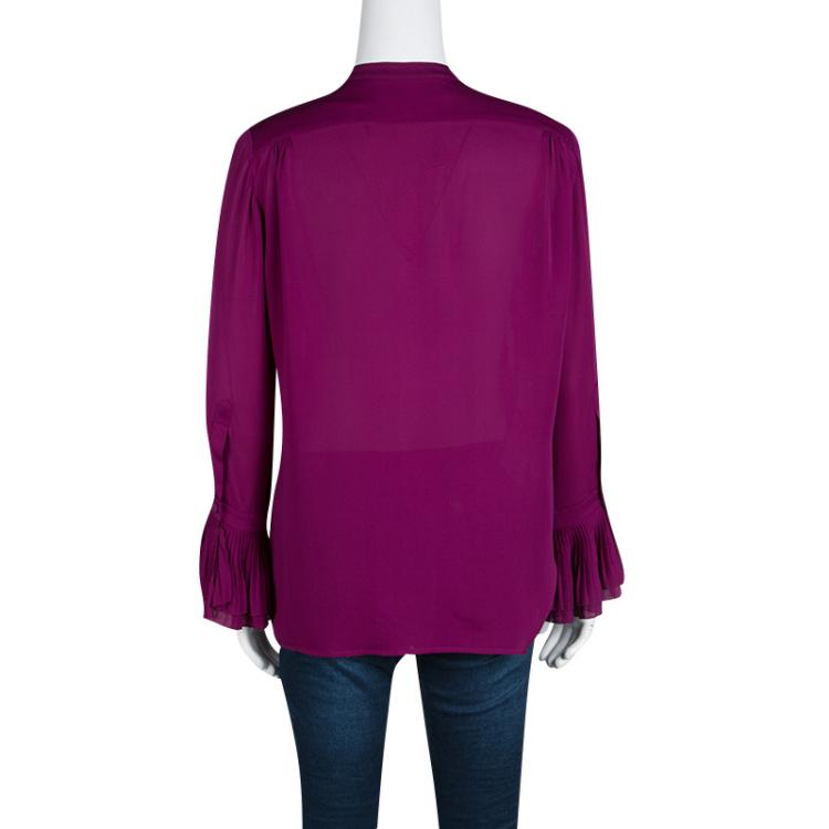 Pre Owned Gucci Purple Plisse Ruffle Detail Long Sleeve Silk Blouse S