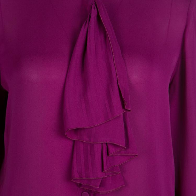 Pre Owned Gucci Purple Plisse Ruffle Detail Long Sleeve Silk Blouse S