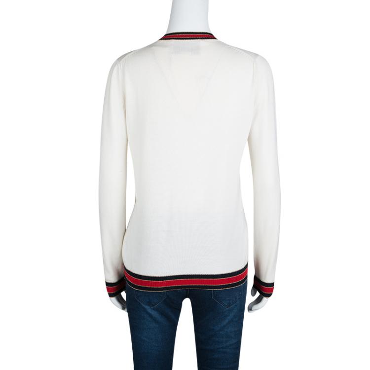 Pre Owned Gucci Cream Wool Lurex Web Trim Long Sleeve Crew Neck Sweater L