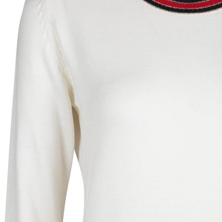 Pre Owned Gucci Cream Wool Lurex Web Trim Long Sleeve Crew Neck Sweater L