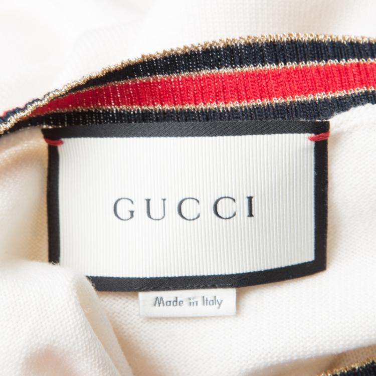 Pre Owned Gucci Cream Wool Lurex Web Trim Long Sleeve Crew Neck Sweater L