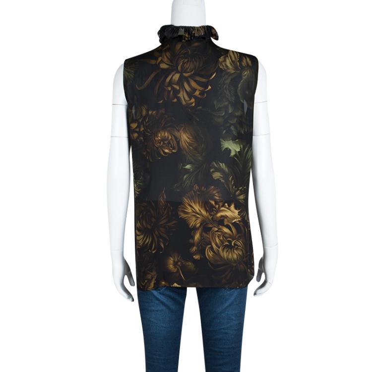Pre Owned Gucci Black Floral Print Ruffle Detail Sleeveless Silk Blouse M