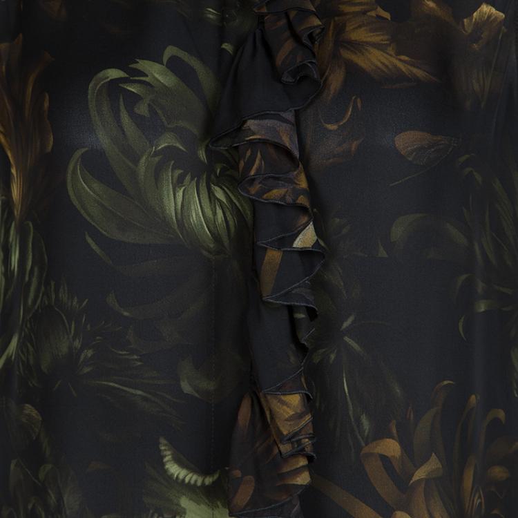 Pre Owned Gucci Black Floral Print Ruffle Detail Sleeveless Silk Blouse M
