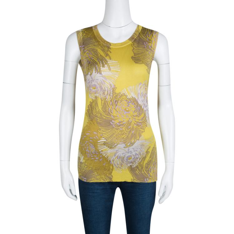 Pre Owned Gucci Mustard Yellow Floral Printed Knit Sleeveless Top M