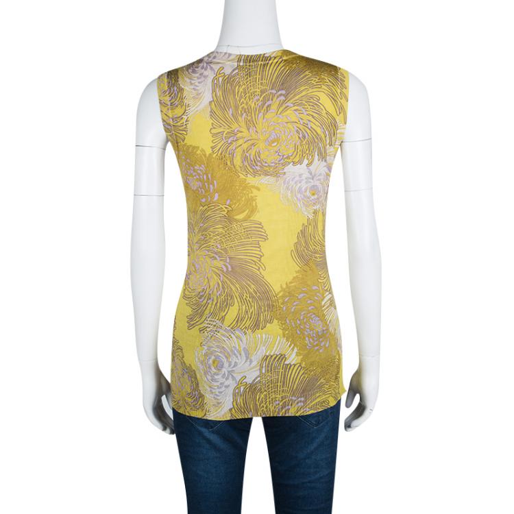 Pre Owned Gucci Mustard Yellow Floral Printed Knit Sleeveless Top M